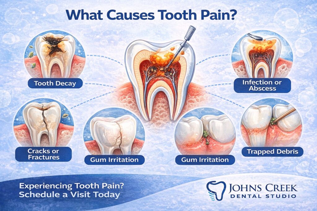 Tooth pain causes infographic by Johns Creek Dental Studio showing decay, infection, cracks, and gum irritation