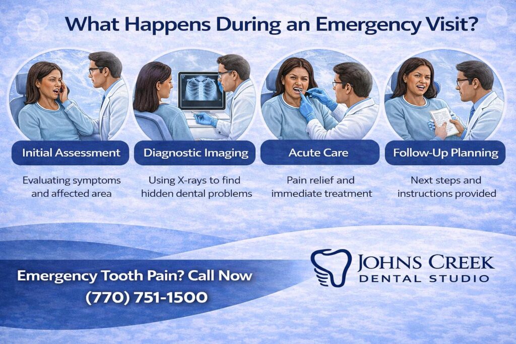 Emergency dental visit steps in Johns Creek GA showing assessment X-rays pain relief treatment and follow-up care